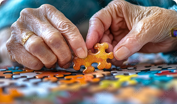 Patient holding an orange puzzle piece with a loved one, trying to complete the puzzle together.